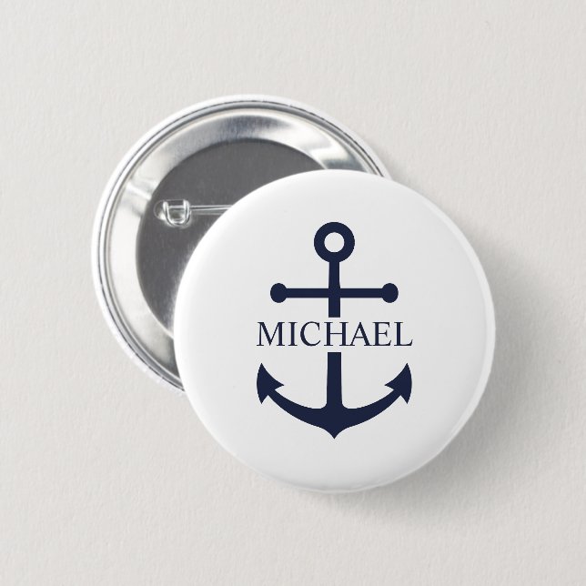 Nautical Navy Blue Anchor Personalised Name 6 Cm Round Badge (Front & Back)