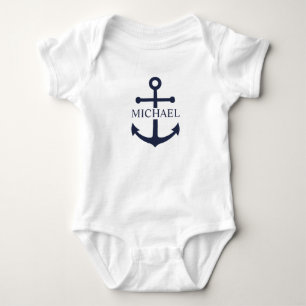 Nautical Navy Blue Anchor Personalised Name Baby Bodysuit
