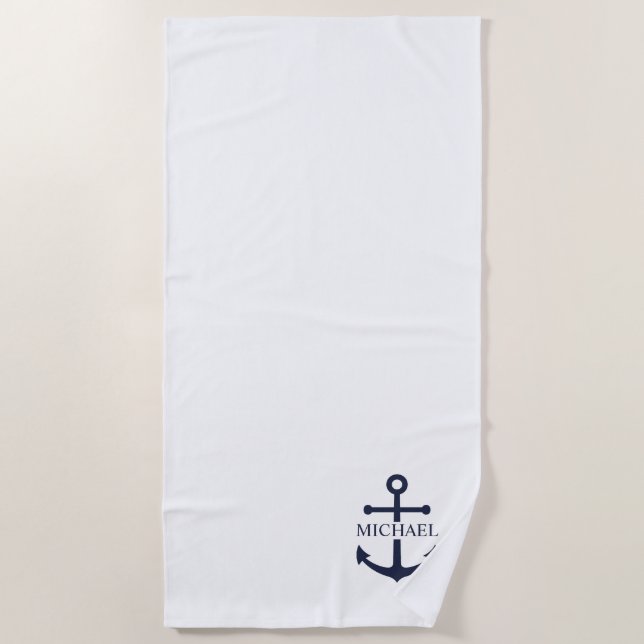 Nautical Navy Blue Anchor Personalised Name Beach Towel (Front)