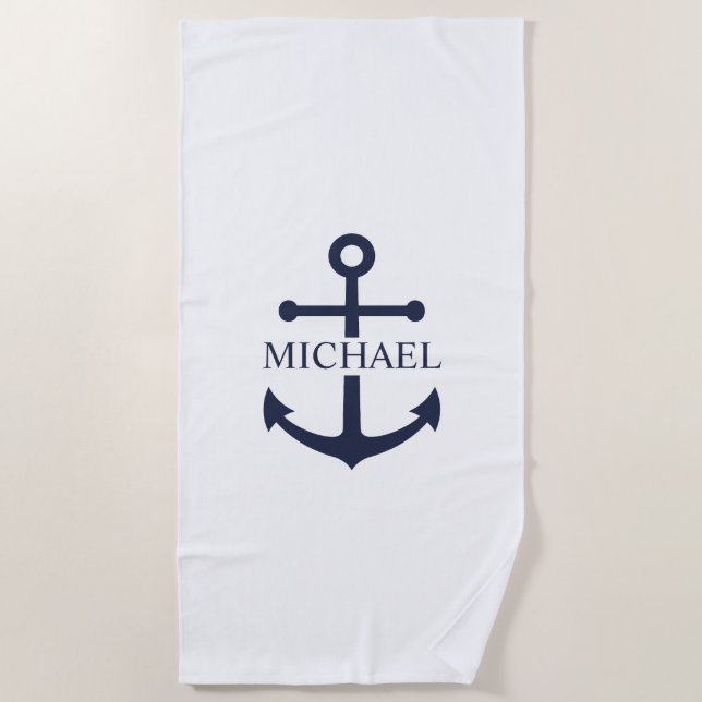 Nautical Navy Blue Anchor Personalised Name Beach Towel (Front)