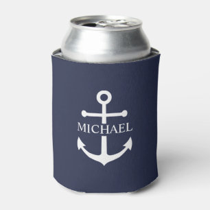 Nautical Navy Blue Anchor Personalised Name Can Cooler