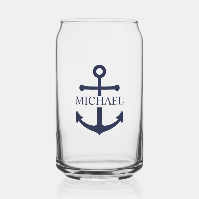 Nautical Navy Blue Anchor Personalised Name Can Glass (Front)