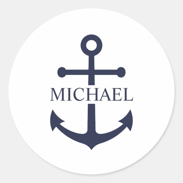 Nautical Navy Blue Anchor Personalised Name Classic Round Sticker (Front)