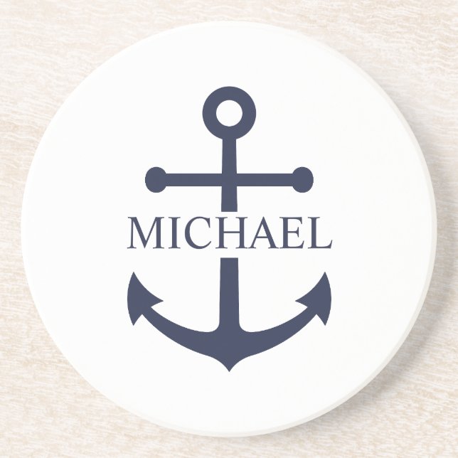Nautical Navy Blue Anchor Personalised Name Coaster (Front)