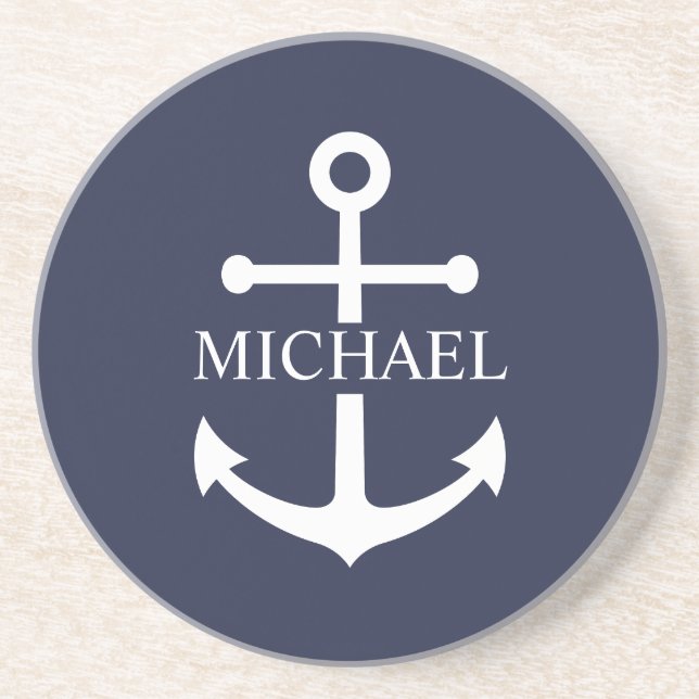 Nautical Navy Blue Anchor Personalised Name Coaster (Front)