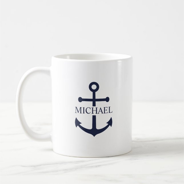 Nautical Navy Blue Anchor Personalised Name Coffee Mug (Left)