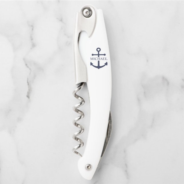 Nautical Navy Blue Anchor Personalised Name Corkscrew (Front)