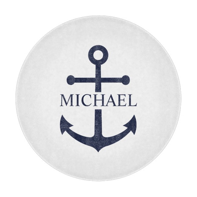 Nautical Navy Blue Anchor Personalised Name Cutting Board (Front)
