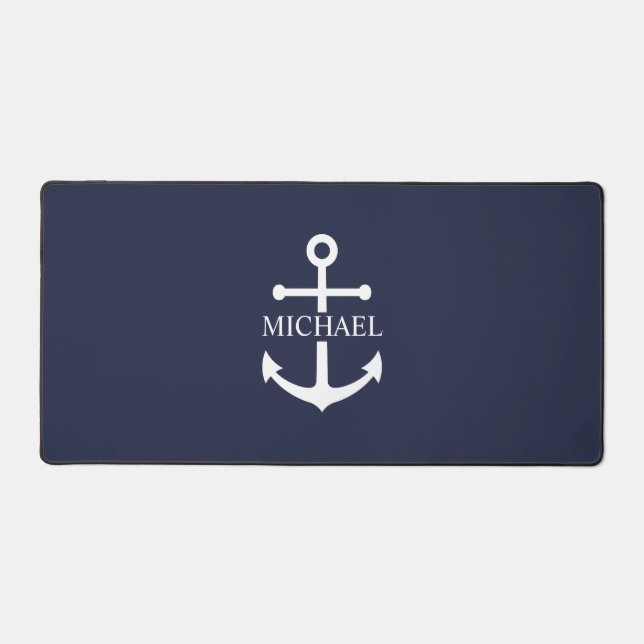 Nautical Navy Blue Anchor Personalised Name Desk Mat (Front)