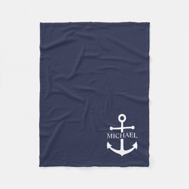 Nautical Navy Blue Anchor Personalised Name Fleece Blanket (Front)
