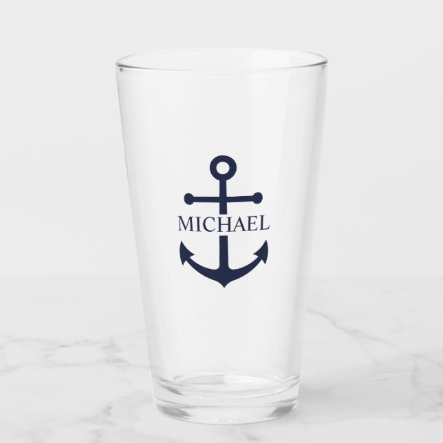 Nautical Navy Blue Anchor Personalised Name Glass (Front)