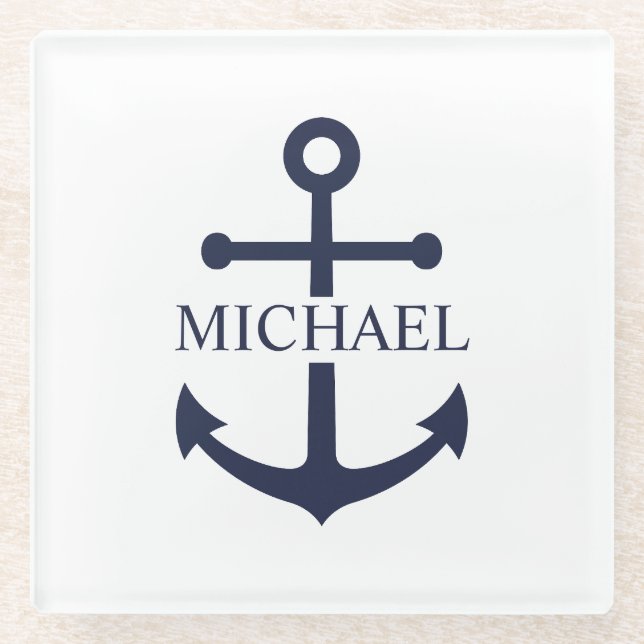 Nautical Navy Blue Anchor Personalised Name Glass Coaster (Front)
