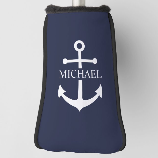 Nautical Navy Blue Anchor Personalised Name Golf Head Cover (Rotate 90)