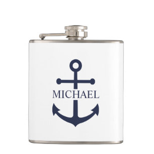 Nautical Navy Blue Anchor Personalised Name Hip Flask