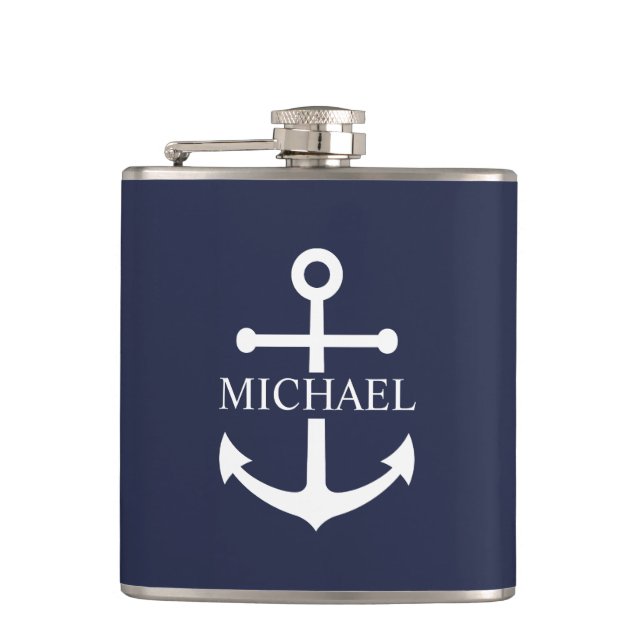 Nautical Navy Blue Anchor Personalised Name Hip Flask (Front)