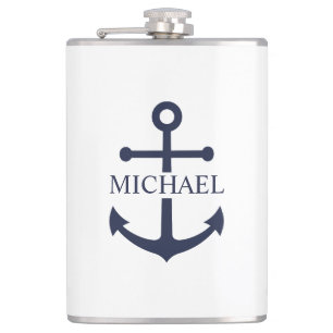 Nautical Navy Blue Anchor Personalised Name Hip Flask
