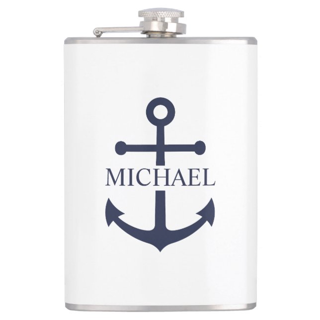 Nautical Navy Blue Anchor Personalised Name Hip Flask (Front)