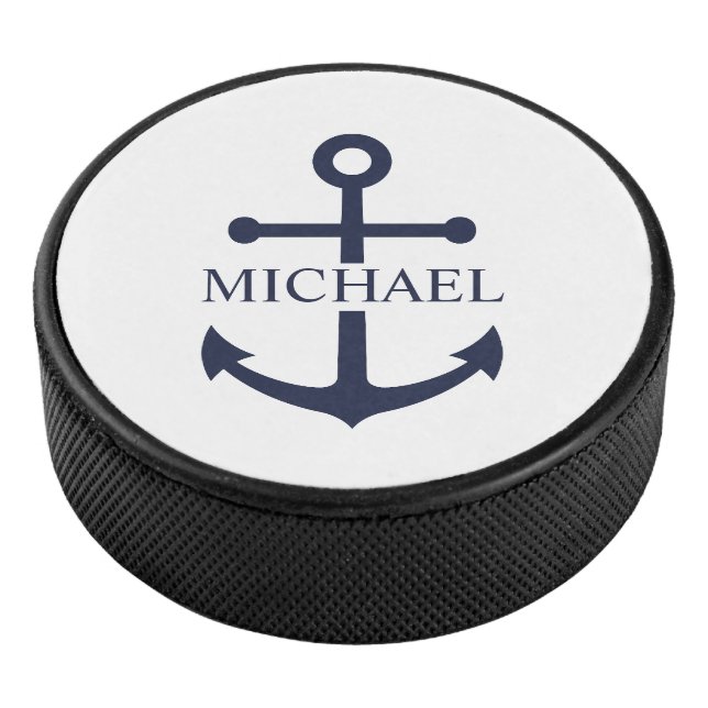 Nautical Navy Blue Anchor Personalised Name Hockey Puck (3/4)