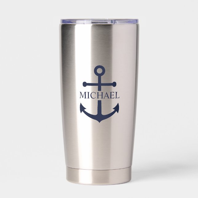 Nautical Navy Blue Anchor Personalised Name Insulated Tumbler (Front)