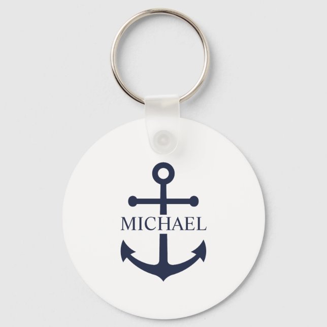 Nautical Navy Blue Anchor Personalised Name Key Ring (Front)