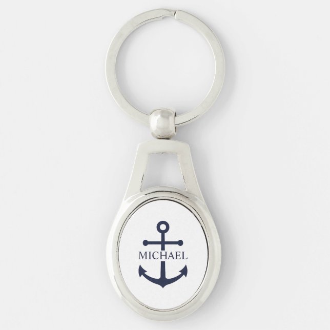 Nautical Navy Blue Anchor Personalised Name Key Ring (Front)