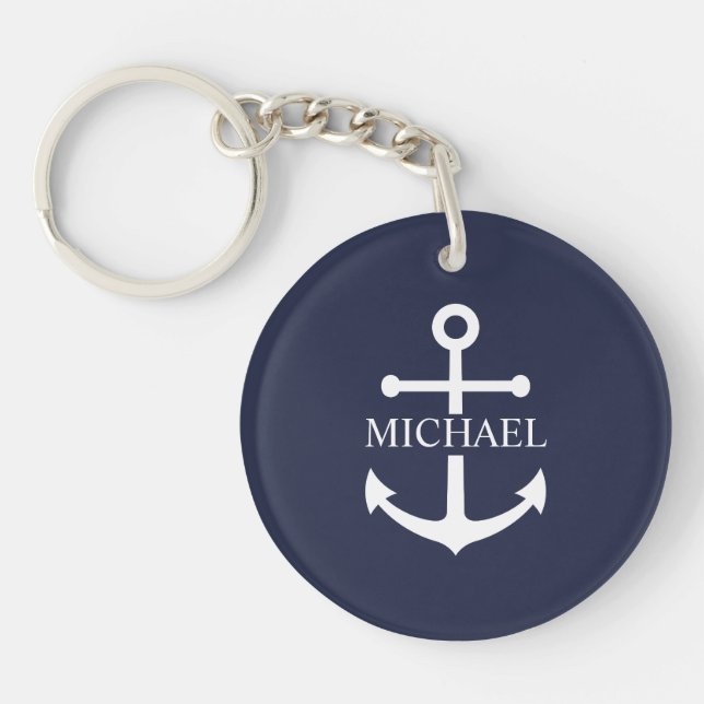 Nautical Navy Blue Anchor Personalised Name Key Ring (Front)