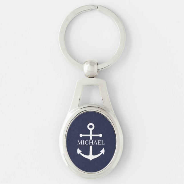 Nautical Navy Blue Anchor Personalised Name Key Ring (Front)