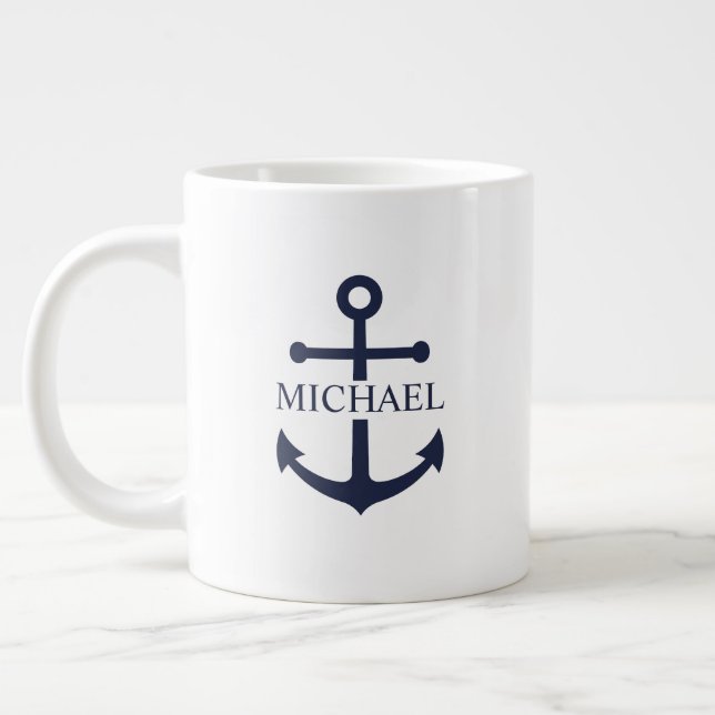 Nautical Navy Blue Anchor Personalised Name Large Coffee Mug (Left)