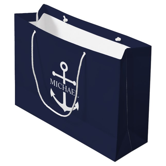 Nautical Navy Blue Anchor Personalised Name Large Gift Bag (Front Angled)