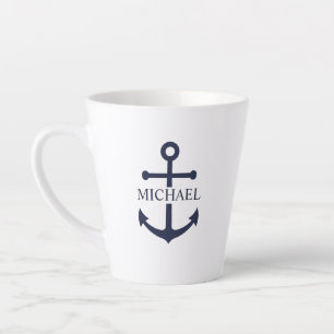 Nautical Navy Blue Anchor Personalised Name Latte Mug