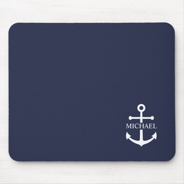 Nautical Navy Blue Anchor Personalised Name Mouse Pad (Front)