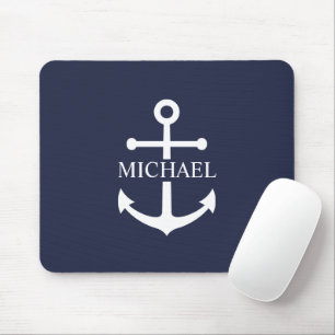 Nautical Navy Blue Anchor Personalised Name Mouse Pad
