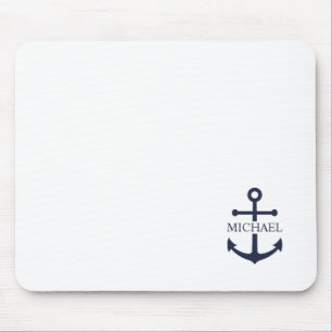 Nautical Navy Blue Anchor Personalised Name Mouse Pad