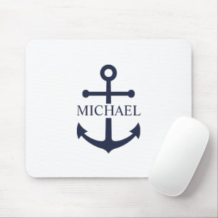 Nautical Navy Blue Anchor Personalised Name Mouse Pad