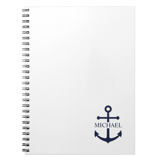 Nautical Navy Blue Anchor Personalised Name Notebook (Front)