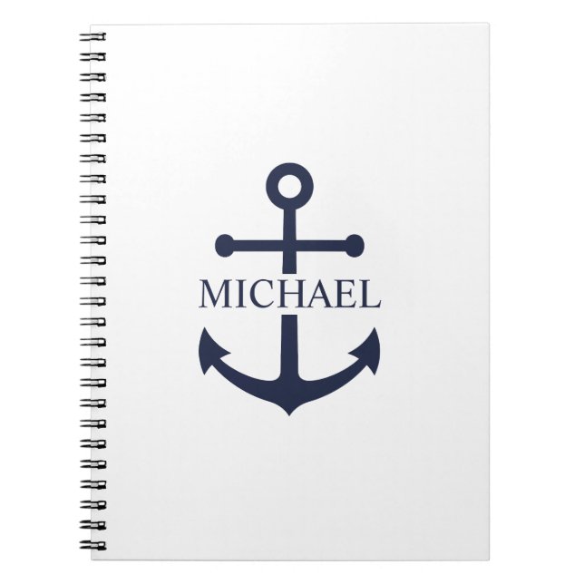 Nautical Navy Blue Anchor Personalised Name Notebook (Front)