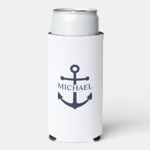 Nautical Navy Blue Anchor Personalised Name Seltzer Can Cooler