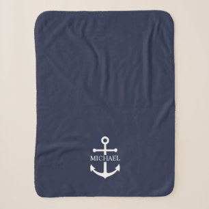 Nautical Navy Blue Anchor Personalised Name Sherpa Blanket