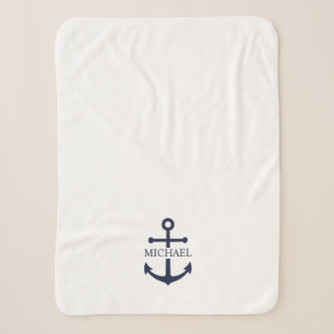 Nautical Navy Blue Anchor Personalised Name Sherpa Blanket