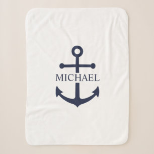 Nautical Navy Blue Anchor Personalised Name Sherpa Blanket