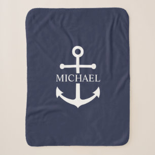Nautical Navy Blue Anchor Personalised Name Sherpa Blanket