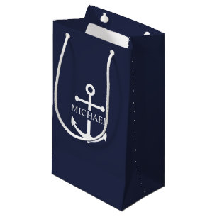 Nautical Navy Blue Anchor Personalised Name Small Gift Bag