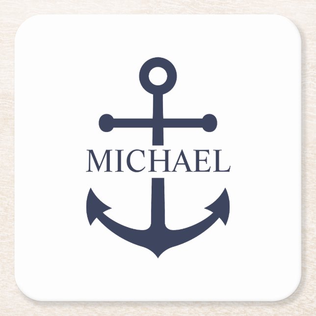 Nautical Navy Blue Anchor Personalised Name Square Paper Coaster (Front)