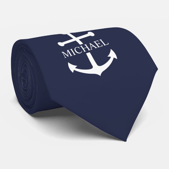 Nautical Navy Blue Anchor Personalised Name Tie (Rolled)