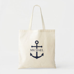 Nautical Navy Blue Anchor Personalised Name Tote Bag