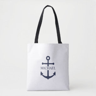 Nautical Navy Blue Anchor Personalised Name Tote Bag