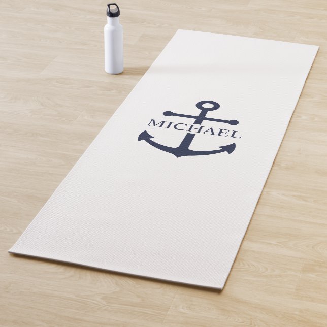 Nautical Navy Blue Anchor Personalised Name Yoga Mat (In Situ)