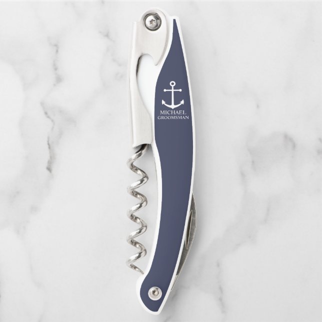 Nautical Navy Blue Anchor Personalized Groomsmen Corkscrew (Front)