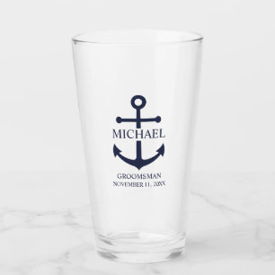 Nautical Navy Blue Anchor Personalized Groomsmen Glass