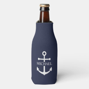 Nautical Navy Blue Anchor Personalized Name Bottle Cooler